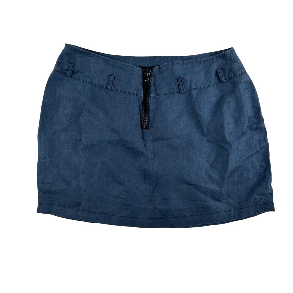 Karen‎ Millen Skirt Womens 27 Blue Waxed Linen Blend Mini England Zip Classic